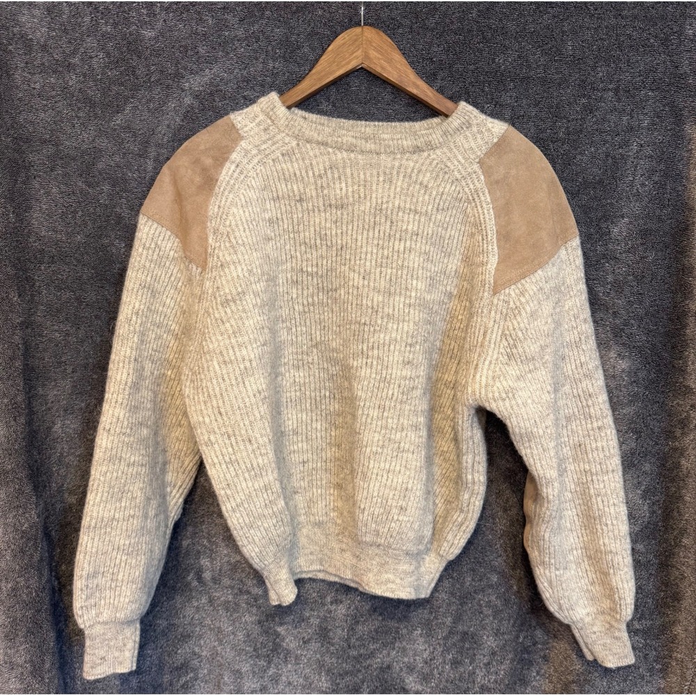 Black Sheep Great Britain Oiled Wool Sweater Suede Patches Oatmeal Beige Mens L